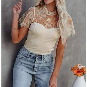 Beige Embroidered Crochet Lace Sheer Short Sleeve High Neck Top Blouse